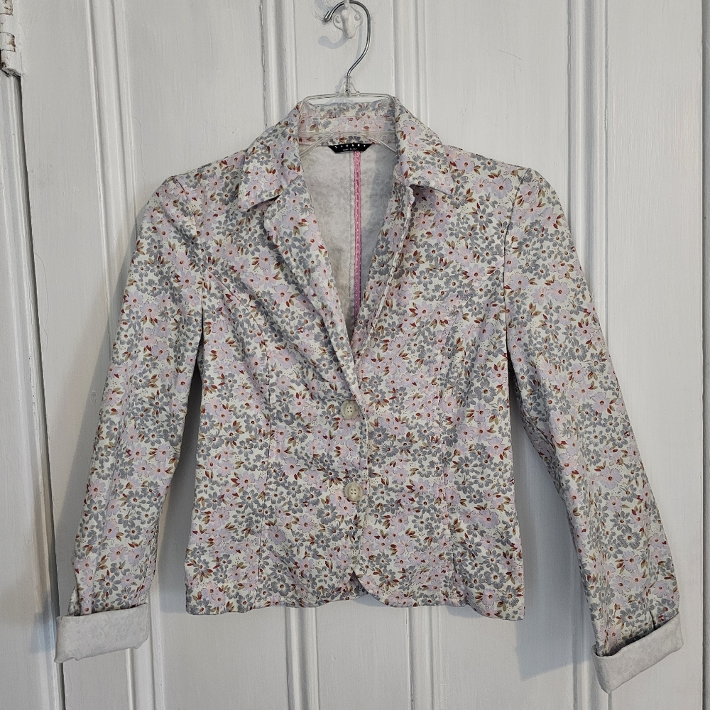 Sisley Italy Women's XS 40 Floral Fitted Stretch Blazer Jacket Cotton Pastels